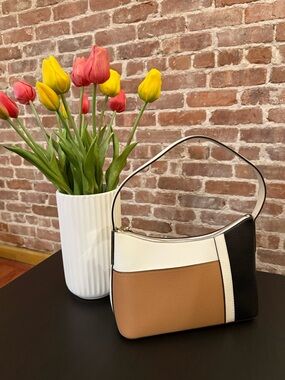 DKNY Colorblock Shoulder Bag in White, Tan & Black (Faux Leather)